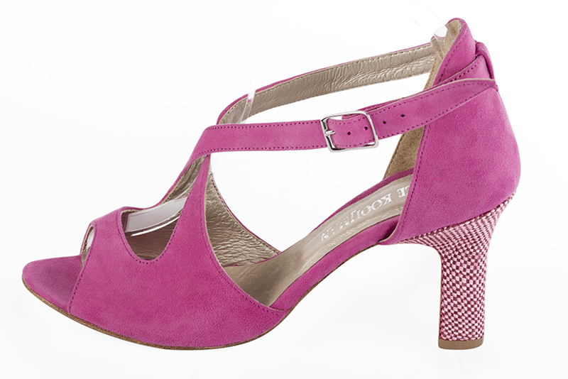 Shocking pink women's closed back sandals, with crossed straps. Round toe. High kitten heels. Profile view - Florence KOOIJMAN